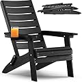YEFU Folding Adirondack Chair Outdoor: Heavy Duty Wood Texture Adirondack Chairs with Cup Holder - All Weather HIPS Plastic Fire Pit Chair for Patio Lawn Garden Backyard Porch Black