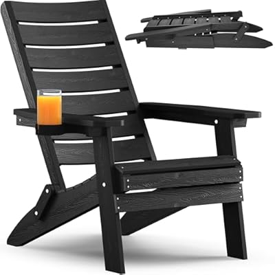 YEFU Folding Adirondack Chair Outdoor: Heavy Duty Wood Texture Adirondack Chairs with Cup Holder - All Weather HIPS Plastic Fire Pit Chair for Patio Lawn Garden Backyard Porch Black