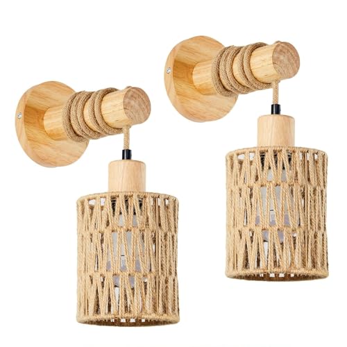WMDMJT Aplique Rattan Boho, Lámpara de Pared Colgante Mimbre, Lámpara Laternas Madera Rústica, Set de 2 para Dormitorio, Sala Estar, Pasillo, Entrada, Decoración Granja,B