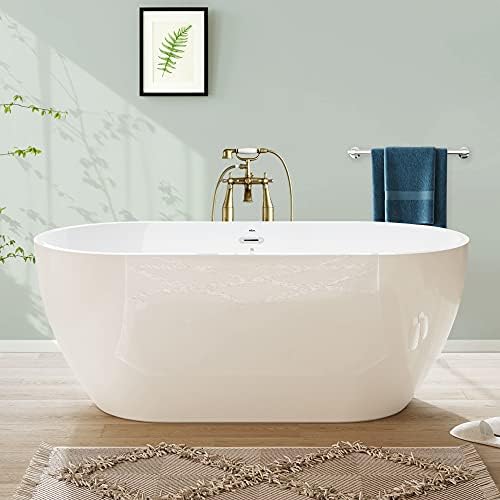 FerdY Bali 59" Acrylic Freestanding Bathtub, Gracefully Shaped Freestanding Soaking Bathtub, Toe-Tap Chrome Drain and Classic Slotted Overflow Included, Glossy White, cUPC Certified