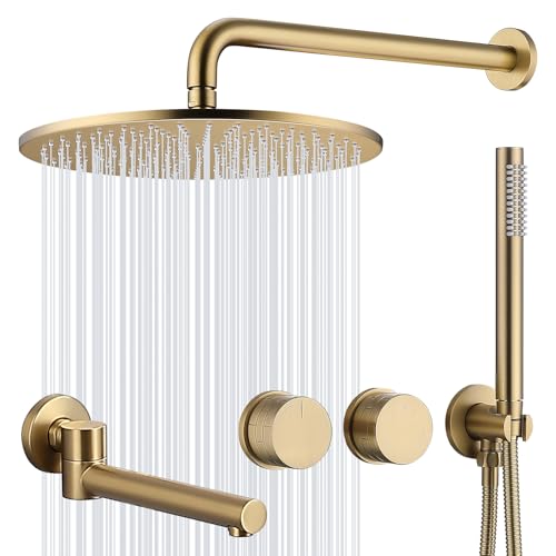 TRUSTMI Brushed Gold Shower System with Swivel Tub Spout, Wall Mounted 12' Rainfall Shower Set with Brass Rough-In Pressure Balance Diverter Valve and Trim Kit