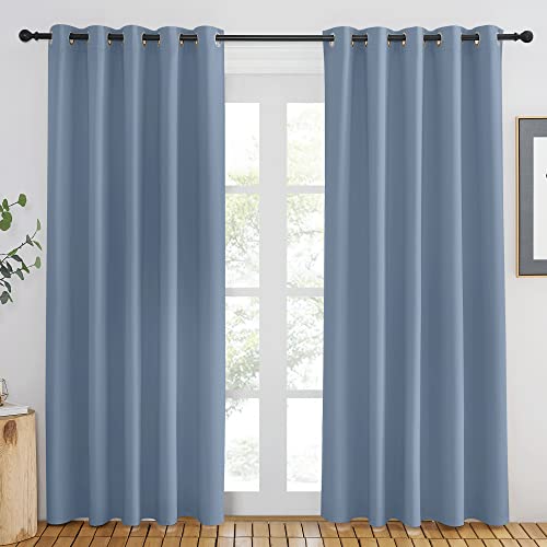NICETOWN Blackout Curtains for Windows 84 inch Long - Window Treatment Thermal Insulated Solid Grommet Room Darkening Drapes for Bedroom/Living Room (Stone Blue, 1 Panel, W66 x L84)