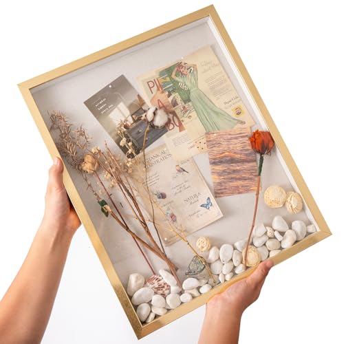 Image of Muzilife 16x20 Large Shadow Box Wood Picture Frame, Tempered Glass, Gold | FSC-Certified MDF | Soft Acid-free Linen Board | Removable Inner Frame | Wall-Mount Display Cases | For Photos and Keepsakes