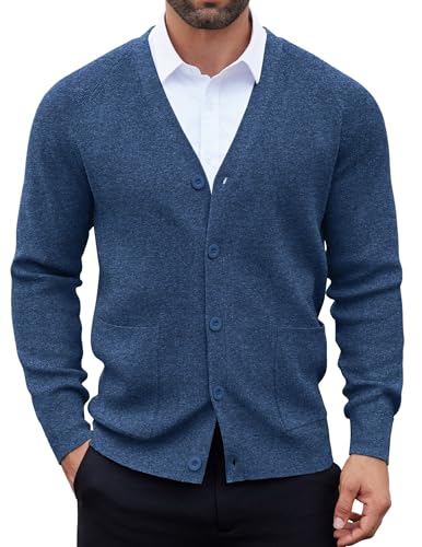 COOFANDY Men's Long Sleeve Button Front Cardigan Comfortable Slim Fit Solid Cardigan Sweater Blue