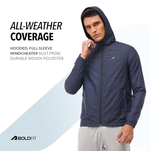 Image of Boldfit Men's Polyester Standard Length Windcheater Jacket, Lightweight & Wind-Resistant with Reflective Bike Jacket, Relaxed Fit-Stylish Windbreaker for Outdoor & Biking