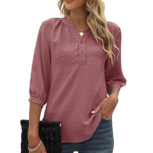 Blusa feminina de verão com decote em V, manga 3/4, túnica texturizada com bolinhas suíças, botão de