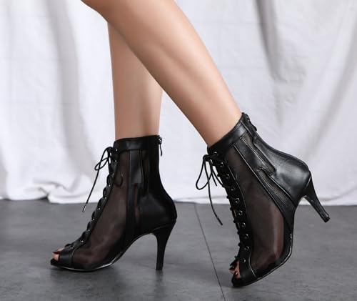 Image of Dance Practice Shoes for Women Mesh Ballroom Sandals Heels Party Prom Ankle Booties with Zip