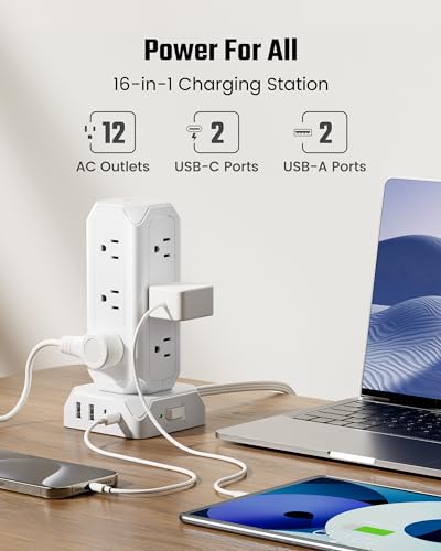 Power Strip Tower, SUPERDANNY 12 Outlets with 35W USB(2 USB-A & 2 USB-C) Charging Station, 1625W/13A, 1700J Surge Protector, 6.5ft Flat Plug Extension Cord with Multiple Outlets for Home, Office, Dorm