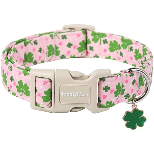Lionet Paws St. Patrick Dog Collar- Cute Clover Pink Dog Collars with Plastic Buckle Light Adjustable Dog Collars with Clover Pendant for Small Medium Dogs