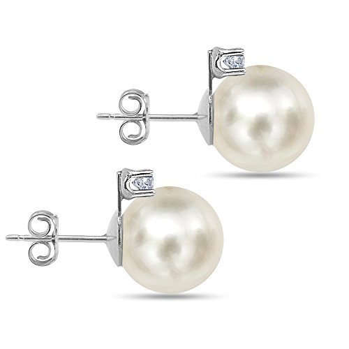 Amazon Collection Sterling Silver 1/5Cttw Diamond With 10-10.5Mm Round White Freshwater Cultured Pearl Stud Earrings #TOP1