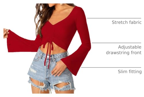 Image of SweatyRocks Women's Adjustable Drawstring String Long Bell Sleeve Rib Knit Sexy Crop Top