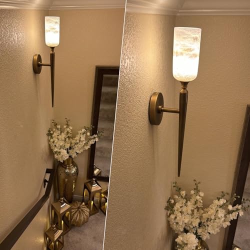 Image of Alabaster Wall Sconces Set of Two, 22in Modern Spanish Natural Marble Bathroom Vanity Sconces, Brass Alabaster Sconce Wall Lighting, Gold Wall Light Fixtures Decor for Bedroom Living Room Staircases