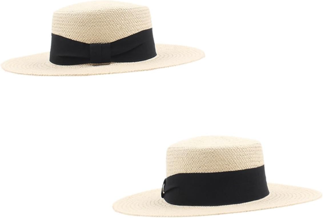 LIOOBO Adjustable Black Straw Sunhat Flat Top Beach Cap for Men Women Breathable Holiday Fedora with Bow Tie Rustic Summer Sun Protection Hat for Travel and Daily Wear
