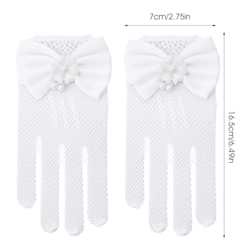 Girls Tea Party Gloves -Pearl Bow Tie Fish Net- Flower Girl Accessories for First Communion, Pageant,Wedding Halloween Cosplay Costume2