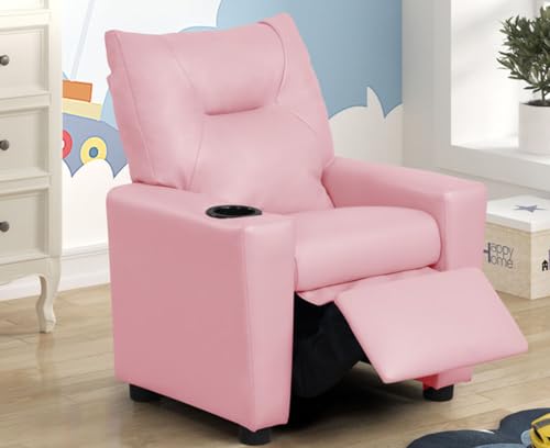 anwickjeff Kids Recliner Chair with Cup Holder, Modern Adjustable Toddler Recliner Sofa with Armrest & Footrest, PU Leather Single Seat for Boys & Girls, 2-in-1 Children's Room Furniture (Pink)