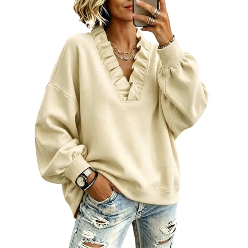 Elneeya Oversized Sweatshirts for Women Vneck Ruffle Casual Fall Sweatshirt - image 1