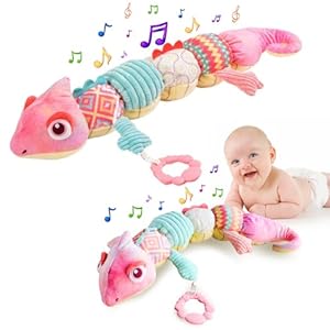 WISHTIME Baby Toys 0-6 to 12 Months, Musical Infant Toys with Multi-Sensory Crinkle, Rattle and Textures, Soft Stuffed Animal Newborn Toys for 0-3-6-12 Month Old Baby Girls, Chameleon, Pink