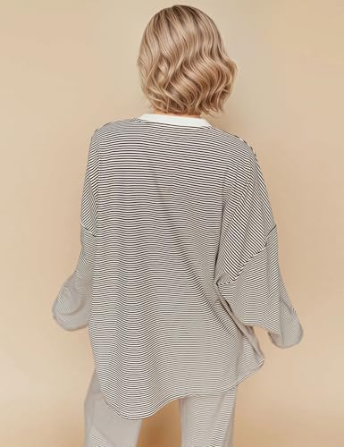 Image of MISSACTIVER Women's 2 Piece Striped Lounge Set Long Sleeve Oversized T-Shirt Wide Leg Pants Matching Pajamas Set