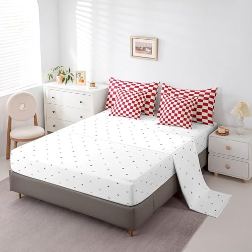 Image of Erosebridal Plaid Queen Comforter Set 7 Piece Beige Red Checkerboard Bed in A Bag with Sheets Geometric Checkered Bedding Set for Kids Boys Girls,Aesthetic Grid Bed Set