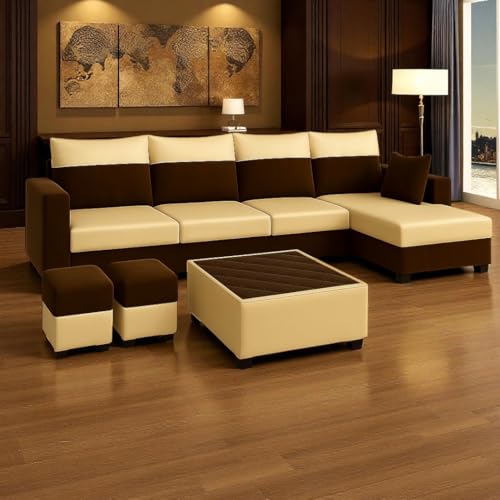 Image of FURNY Arissa 8 Seater Fabric RHS L Shape Sofa Set with 1 Centre Table & 2 Puffy (Cream-Dark Brown) Premium Velvet Finish | Durable Comfort | Ideal for Living Room