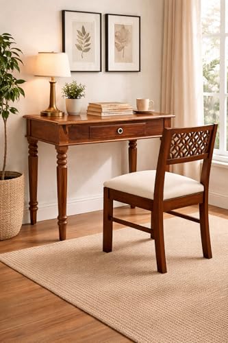 Image of Study Table with Chair for Students Study Desk Table Office Table for Work from Home Writing Office Desk Computer Desk (Honey Brown)