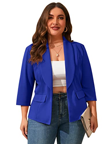 ShopWonder Womens Plus Size Casual Pocketed Blazer Office Open Front 3/4 Sleeve Cardigans Jacket Work Suit Royal Blue 4XL