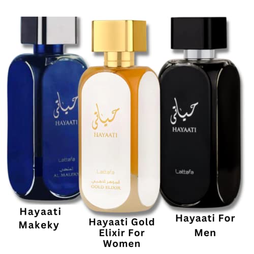 Lattafa Perfumes Premium Collection Hayaati For Men,Hayaati Gold Elixir For Women & Hayaati Makeky Edp-100Ml/3.4Oz| Musk & Woody Notes. (Xtravaluepack) #TOP3
