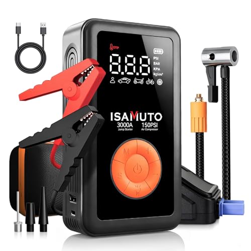ISAMUTO 3000A Car Battery Jump Starter with Air Compressor, 150PSI Fast Inflate Jump Starter Portable (8L Gas 6L Diesel Engine), 4 in 1 Jump Box for Car Battery 12000mAh