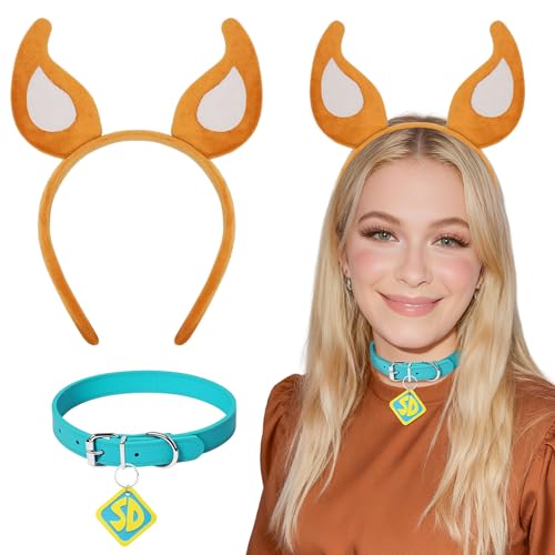 Dog Ears and Collar Costume for Adult Women Men Humans Costume Accessories Dog Headband Choker with Tag for Halloween Party