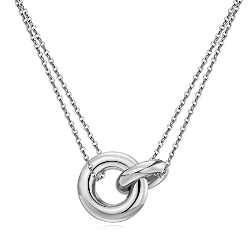 AllenCOCO Sterling Silver Interlocking Circle Necklace for Women, Dainty 14K White Gold Vermeil Pendant, Hypoallergenic Solid Silver Necklace for Women Trendy Friendship Necklace