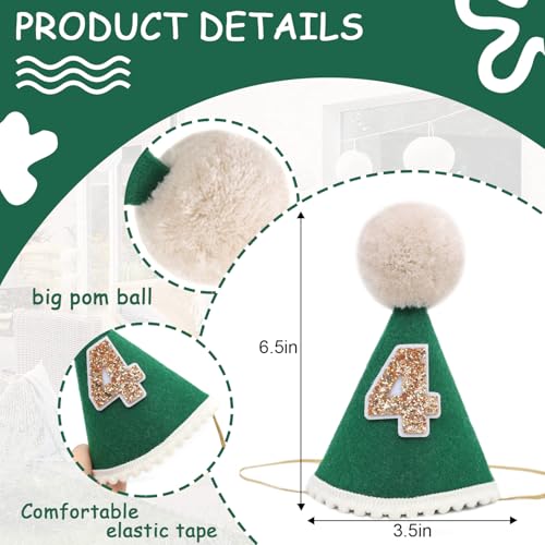 WAOUH Green 4th Birthday Hat - Football four Years Old Birthday Decorations,Glitter Number 4 Birthday Hat,Football Green Cone Hat Photo Props,Cake Smash Party Hat Decorations With Pom Ball