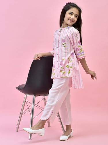 Image of Juniper Girls' Mint Floral Co-ord Set - High-Low Printed Shirt & Solid Cotton Pants