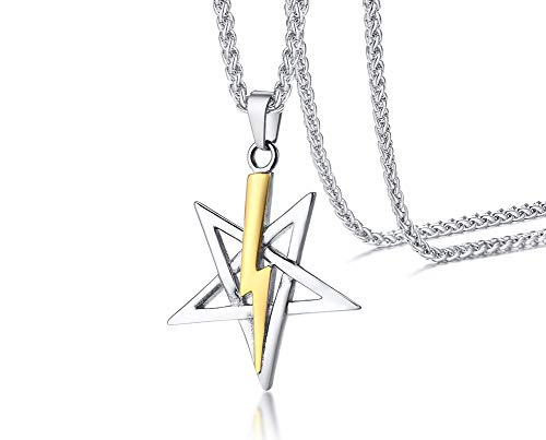 VNOX Acier Inoxydable église de Satan Satanic Sigil de Anton Laveyan Pentagram Lightning Pendentif Lightning Collier pour Les Hommes,Bijoux Religieux