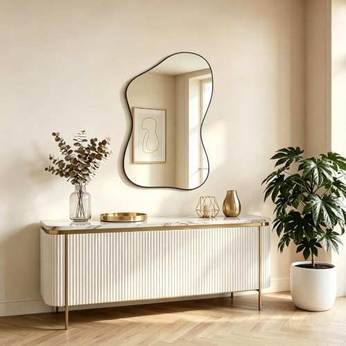 PIUDOC Black Asymmetrical Wall Mirror 40"x26" Wide Modern Minimalist Bathroom Mirror Irregular Decorative Vanity Mirror for Dresser/Entryway/Fireplace/Mantle/Living Room - Home Decor for Housewife — view 3
