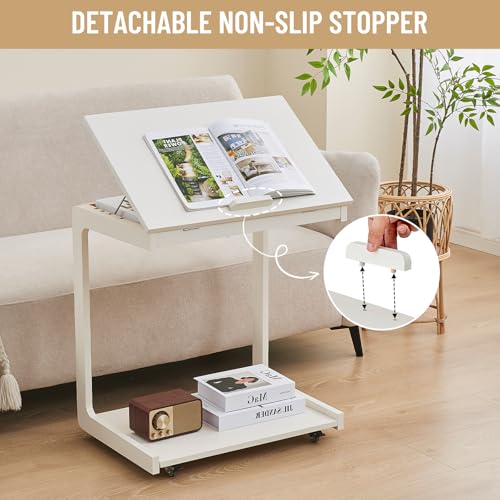Image of Uniclinens Wooden White Side Table, White End Tables Small C Shaped End Table, Couch Tables Slide Under Sofa, Rolling Side Table with Wheels for Bedroom Living Room