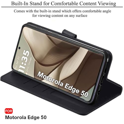 Image of TheGiftKart Flip Cover Back Case for Motorola Moto Edge 50 5G | Genuine Leather Finish | Designer Button | Inbuilt Pockets & Stand | Wallet Style Flip Case Cover for Moto Edge 50 (Faux Leather, Black)