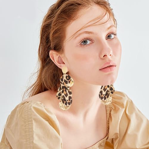 Unique Handmade Bohemian Round Leopard Acrylic Dangle Drop Earrings Statement Vintage 60s 70s Long Chain Resin Disk Stud Earrings for Women Boho Lightweight Summer Beach Jewelry3