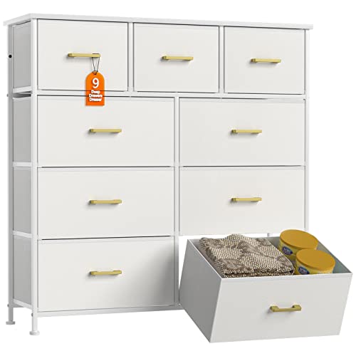 Image of YILQQPER Dresser for Bedroom with 9 Drawers, Chest of Drawers for Closet, Living Room, Hallway, Nursery, White Dresser with Sturdy Steel Frame, Fabric Bins, Leather Finish, Wood Top (Glacier White)