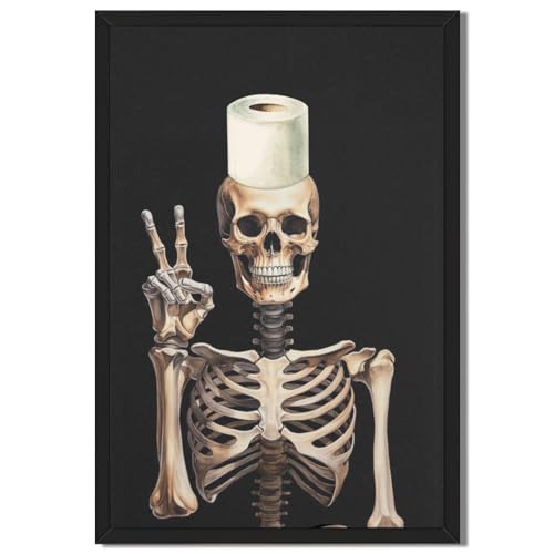 Funny Halloween Bathroom Wall Art Vintage Humor Skeleton with Toilet