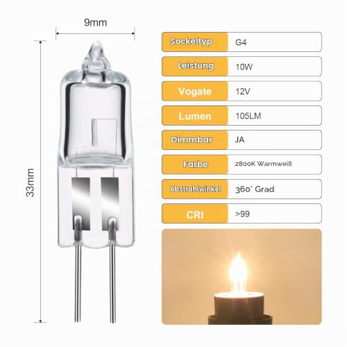 GMY 12er Stück G4 Halogenglühbirne 20W 12V 2 Pin Halogen Leuchtmittel, G4 Halogenlampen stiftsockellampe Dimmbar 2800K Warmweiß für… – Ansicht 2
