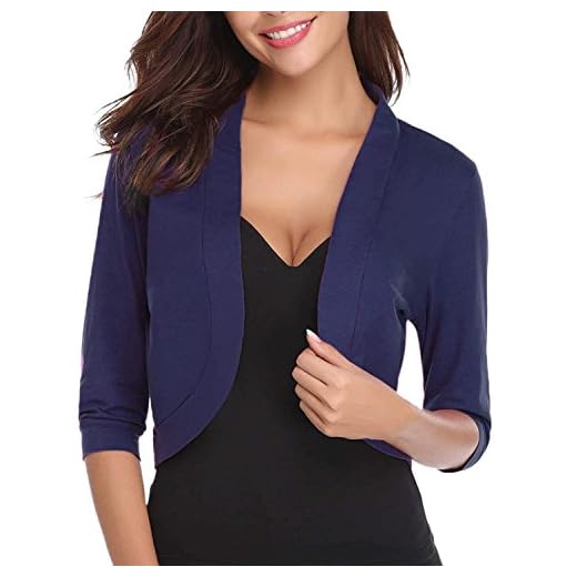 FIRENGOLI Bolero Mujer para Fiesta Boda Chaqueta Corta Torera Elegante Manga 3/4 Cárdigan para Vestido Azul Marino S