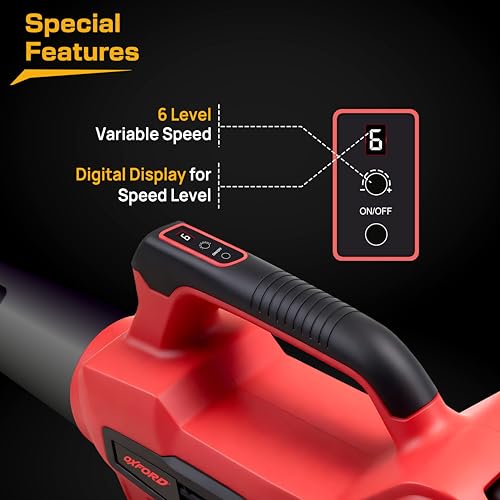 Image of Oxford OLB 85 20V Cordless Leaf Blower - Dual 3.0Ah Batteries, 6-Level Variable Speed with Digital Display, 150 MPH Air Speed, 450 CFM Air Volume | Lightweight Garden Blower | Home and DIY (Red)