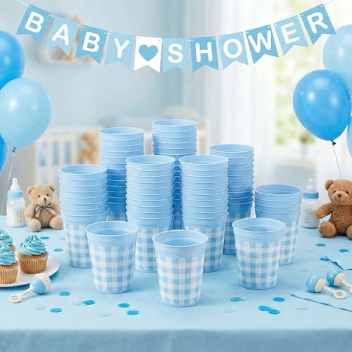 Bokon 24 Pcs 16oz Blue Gingham Plastic Cups, Blue Gingham Baby Shower Decor