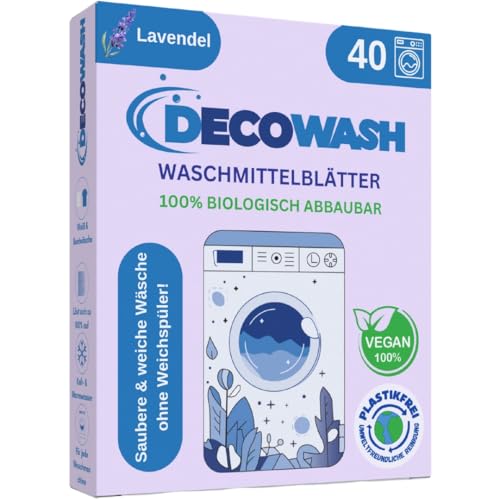 Waschmittelblätter (bis zu 80 Wäschen) – Waschmittel Blätter Ökologisch, Hypoallergen, Lavendelduft, Biologisch Abbaubar, Plastikfrei – Ideal für Empfindliche Haut, Hand- & Maschinenwäsche