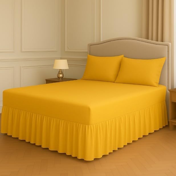 Polycotton Fitted Valance Sheet - Bed Skirt 25cm Deep with 30cm All-Around Frill - Soft Easy Care Wrinkle Resistant Base Cover - Secure Fit Bedding Valance (Mustard, Single)