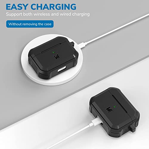 Kmmin Compatible For Airpods Pro Case Cover, Full-Body Rugged Hard Shell Protective Shockproof Case Cover With Carabiner For Apple Airpod Pro Support Wireless Charging[Front Led Visible], Black #TOP3