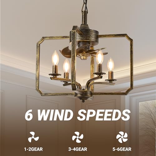 LVYEAYOU Chandelier Ceiling Fan, 20" Farmhouse Fandelier Ceiling Fans with Lights, Rustic Hanging Geometric Pendant Light Fixture for Bedroom, Dining Room, Kitchen Island, Foyer, Hallway-Black Gold