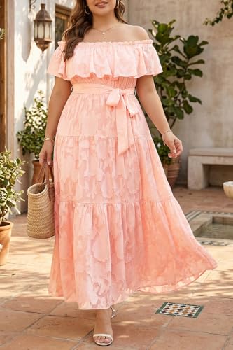 Image of Plus Size Chiffon Off The Shoulder Maxi Long Floral Summer Casual Beach Boho Sundress Women 2024