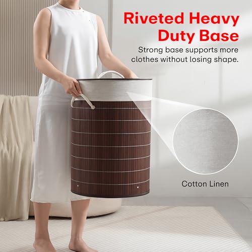 Image of Rioware Bamboo laundry bag basket for clothes with lid toy storage organiser box foldable Round Home Organizer and Storage | Eco Friendly | Compact and Easy to carry Dark Brown Econest
