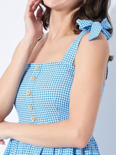 Image of Women's Gingham Checkered Summer Dress | Sleeveless A-Line Mini Dress with Shoulder Tie Straps & Button Front | Casual Picnic, Beach Wear